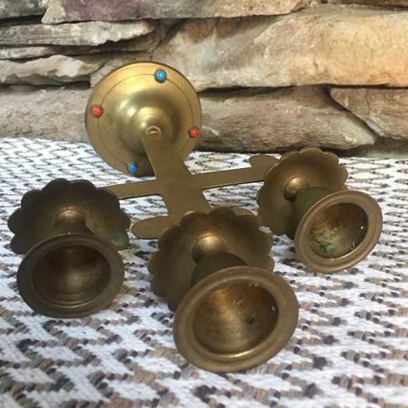 VTG Cabochons Cross Candelabra Boho Brass Religious Candle Holder Christian - Picture 7 of 8